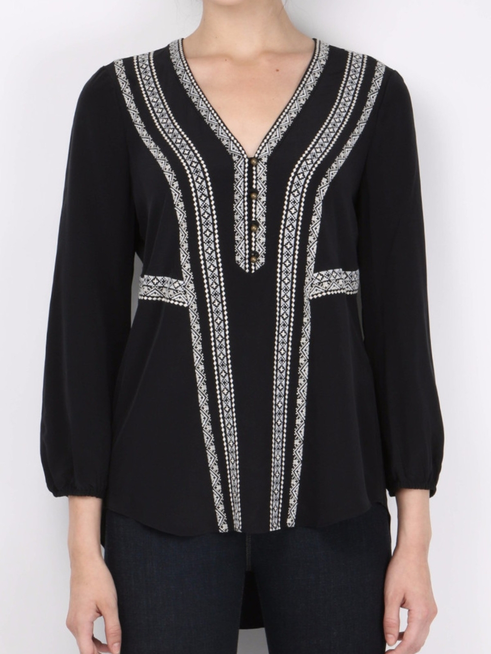 Veronica Beard 100% Silk Black V-Neck Embroidered Tunic Top Size 2